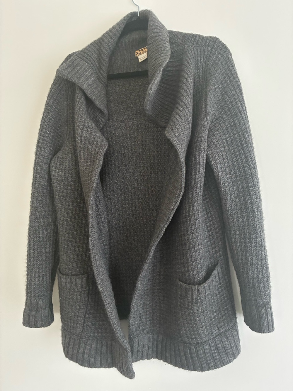 Women's Gray Open-Front Ribbed Cardigan with Patch Pockets
